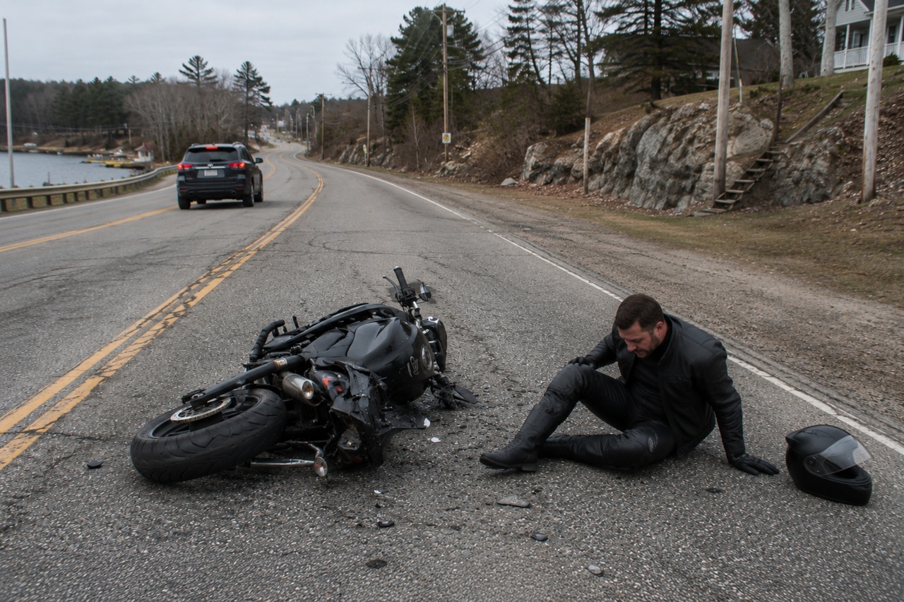 A motorcyclist in black gear sits on a two-lane road next to his downed motorcycle and helmet after a crash. This scene illustrates the aftermath of an accident where Maine's comparative fault rules may be used to determine the viability of injury claims.
