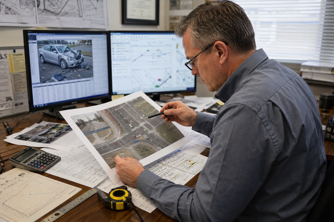 An accident reconstruction specialist wearing glasses reviews an aerial diagram of a highway intersection with a pen, sitting at a wooden desk equipped with dual computer monitors showing a heavily damaged silver car and mapping software alongside a tape measure, calculator, and data charts.
