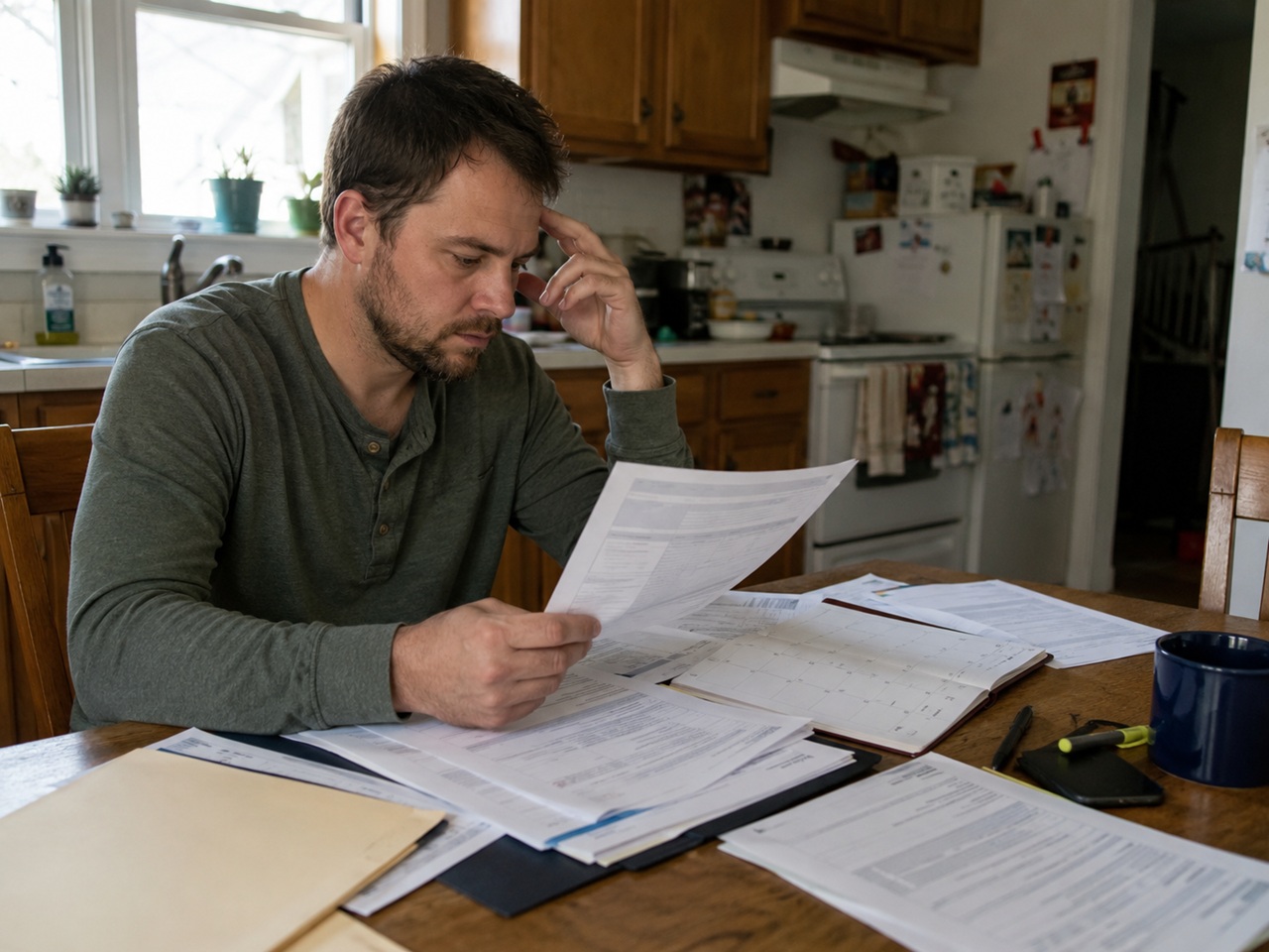 A stressed man sits at a kitchen table in a Maine home, rubbing his temple while reviewing a pile of legal and medical documents, a calendar, and a highlighter, depicting a car accident victim navigating the paperwork and deadlines involved in filing a personal injury lawsuit in Maine.