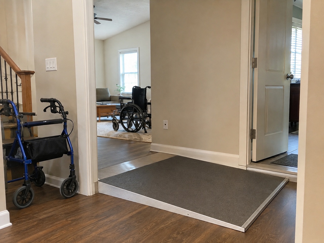A home entryway modified with a wheelchair ramp and a walker beside a stairway, with a wheelchair visible in the living room, illustrating the home accessibility modifications and long term care costs tied to a spinal cord injury in Maine.